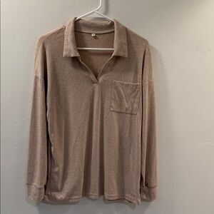 Women’s Beige Long Sleeved collared V-Neck Top w/front Pocket Size Medium
